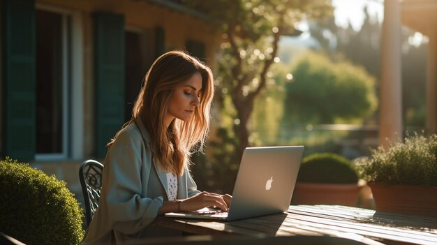 Photo woman is working on a laptop while maintaining a luxury lifestyle