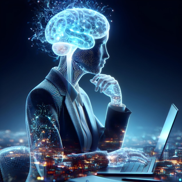женщина работает на ноутбуке с мозгом на экране