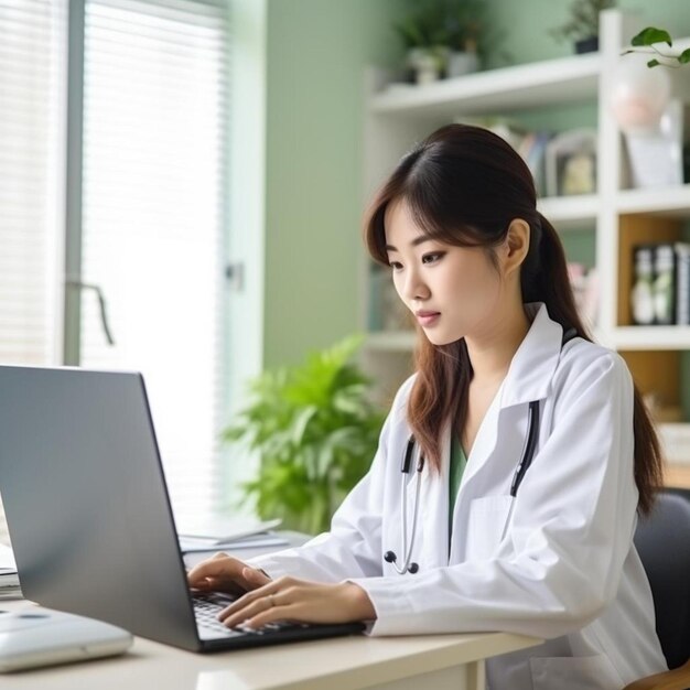 Photo a woman is working on a laptop with a lab coat on