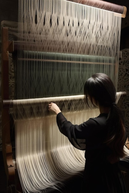 A woman is working on a loom with the word silk on it.