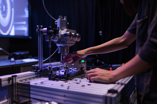 Photo a woman is working on a machine with a green light on it