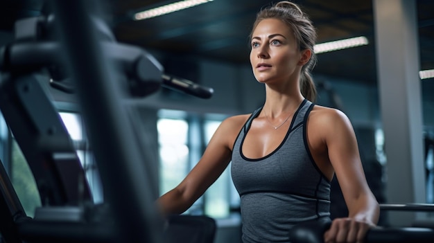 Photo a woman is working out her arms and shoulders on a machine at the gym