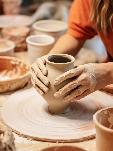 a woman is working on a pottery wheel