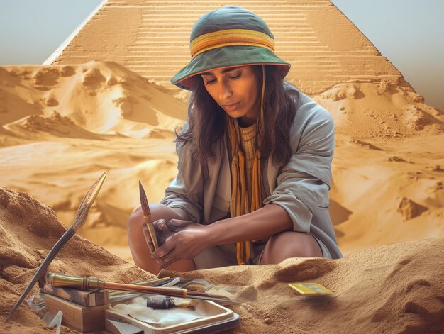 a woman is working on a project with a pencil and a hat