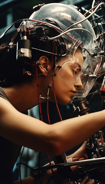 a woman is working on a projector with the hands on her hips