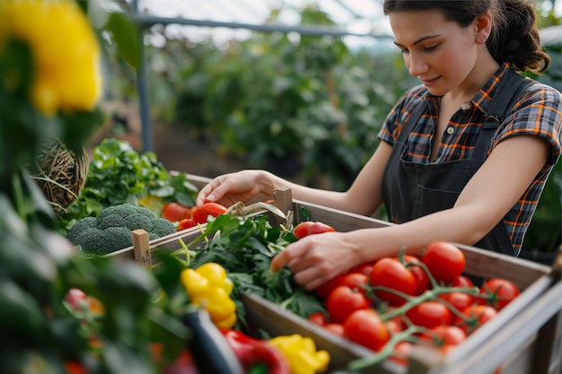 한 여성이 채소 상자와 함께 채소 정원에서 일하고 있습니다.
