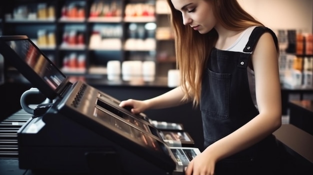 Photo a woman is working on a vending machine in a coffee shop.