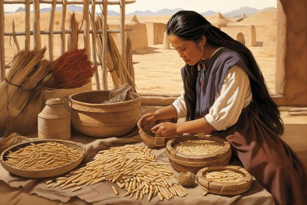 a woman is working with a broom and a basket of rice