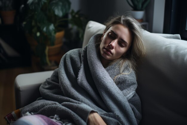 Photo a woman is wrapped in a blanket on a couch