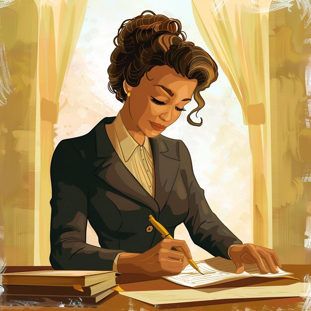 a woman is writing in a book with a pen in her hand