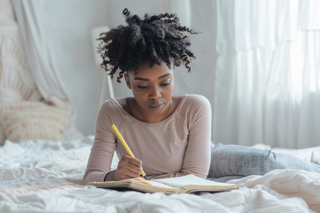 a woman is writing on a book with a pencil in her hand