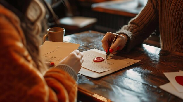 A woman is writing a letter with a quill pen and sealing it with a wax seal She is wearing a brown sweater and has long red nails