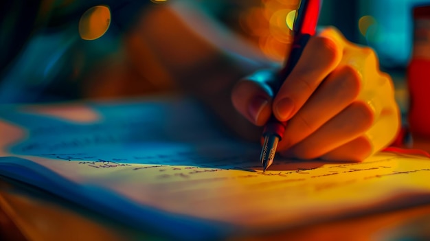 a woman is writing in a notebook with a pen in it