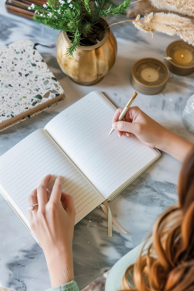 Photo a woman is writing in a notebook with a pen