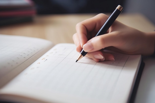 a woman is writing in a notebook with a pen.