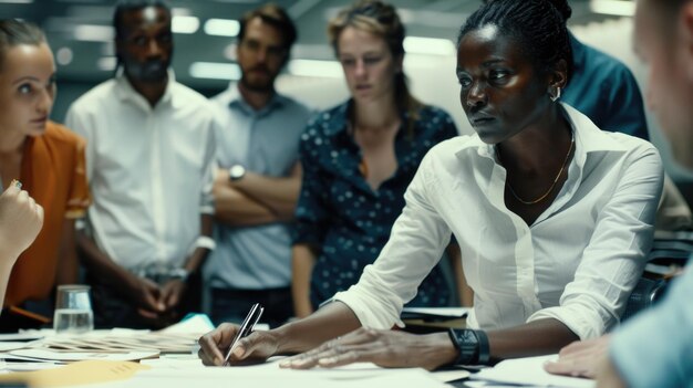 A woman is writing on a piece of paper in front of a group of people