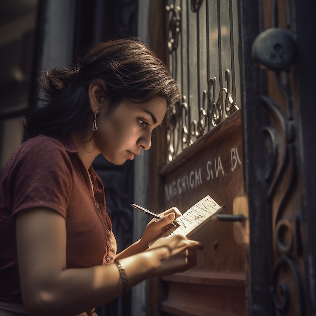 Foto una donna scrive su un pezzo di carta