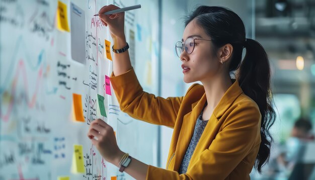 Photo a woman is writing on a white board with a marker