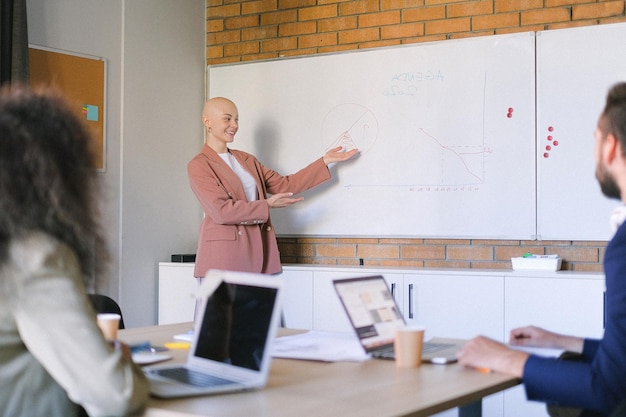 a woman is writing on a white board with a red marker