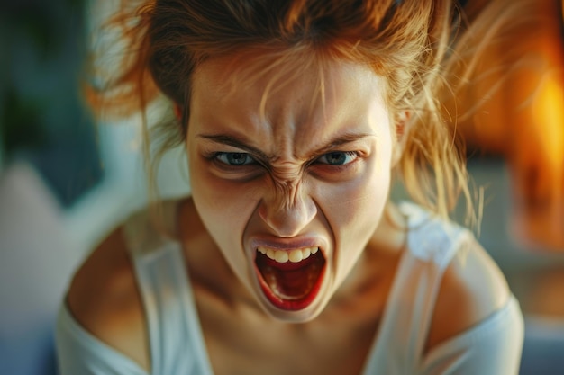 Photo woman is yelling with a fully open mouth