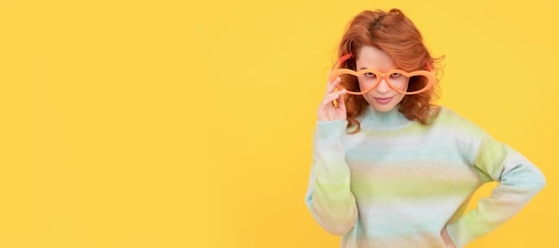 Photo woman isolated face portrait banner with copy space nice look portrait of beauty cheerful lady smiling redhead woman in party glasses