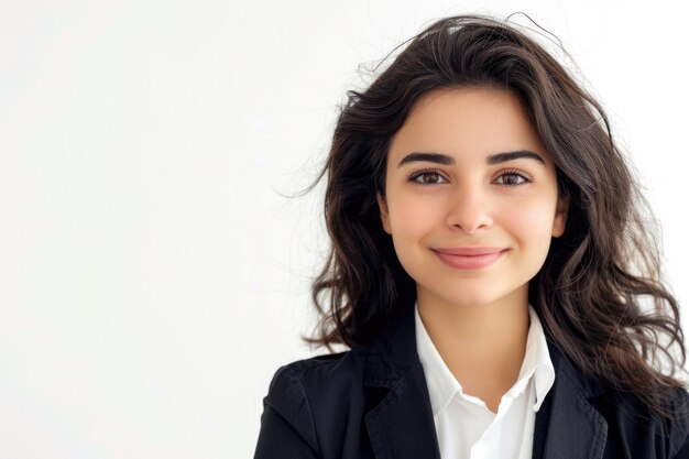 Женщина изолирована на белой счастливой улыбающейся арабской бизнес-женщине, проявляющей уверенность и дружелюбие