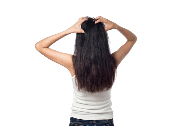 Photo woman itching scalp itchy her hair isolated