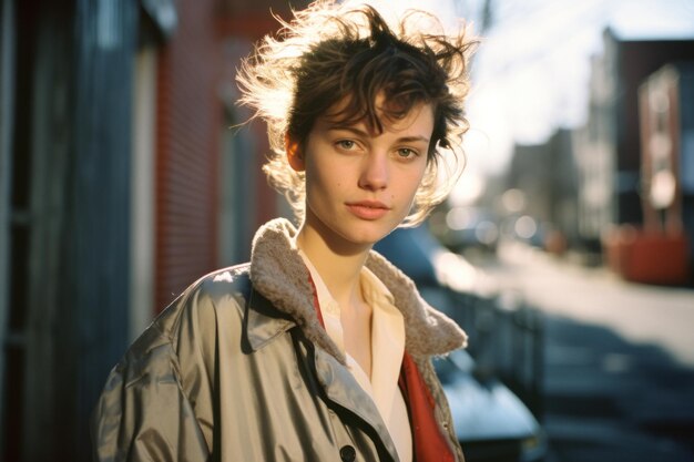 a woman in a jacket standing on a street