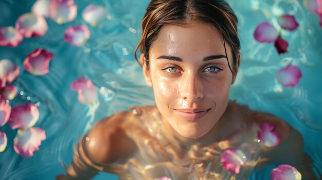 A woman in a jacuzzi with rose petals