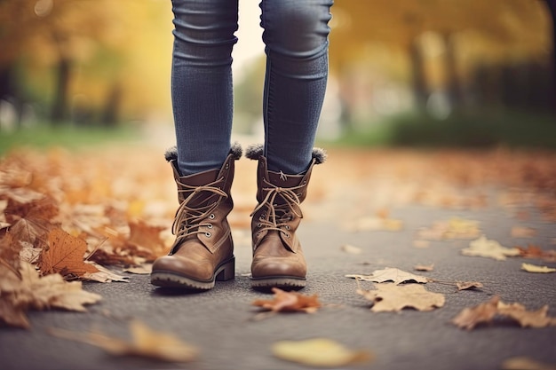 Woman in jeans and boots walking on autumn park