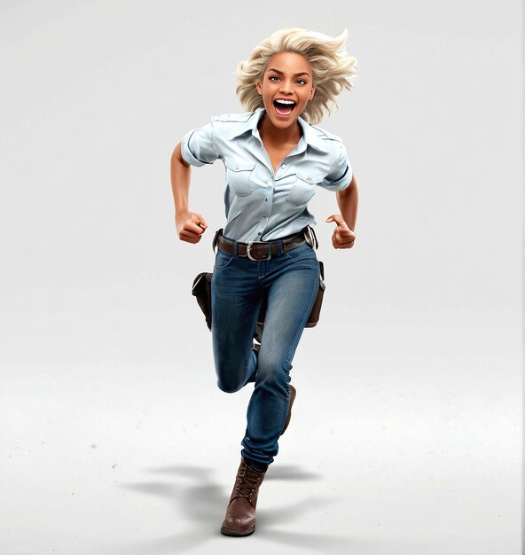 a woman in jeans and a shirt running