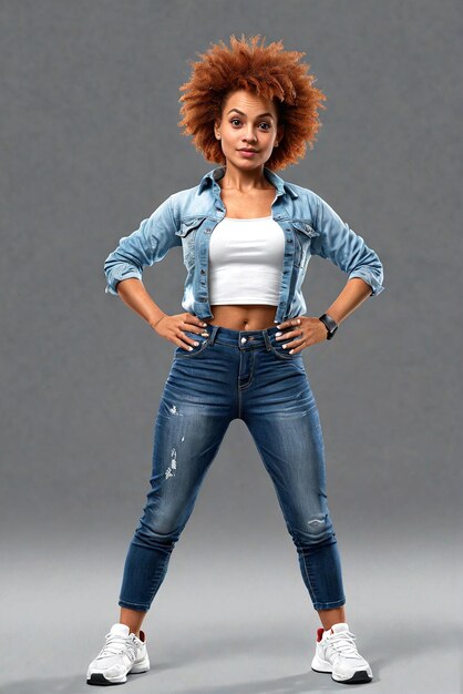 a woman in jeans and a white top