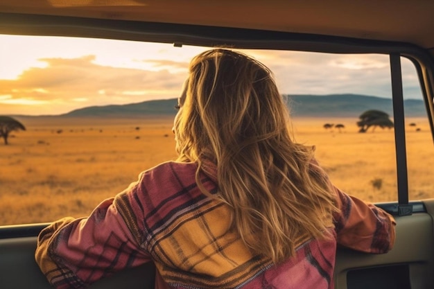 Photo a woman in a jeep with a sunset in the background