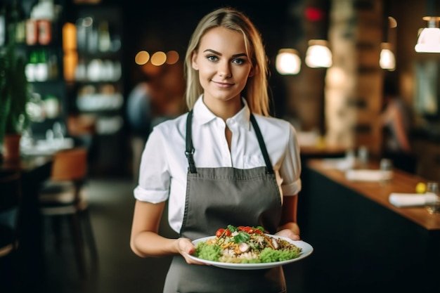 Woman job portrait waiter smile holding indoors food showing standing restaurant Generative AI