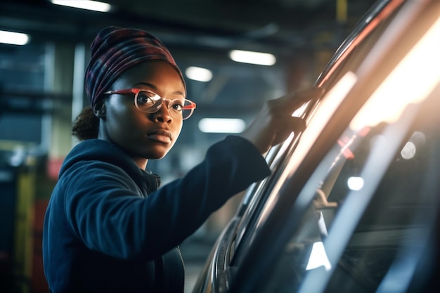 Woman job training garage american automobile african vehicle auto motor mechanic technician Generative AI