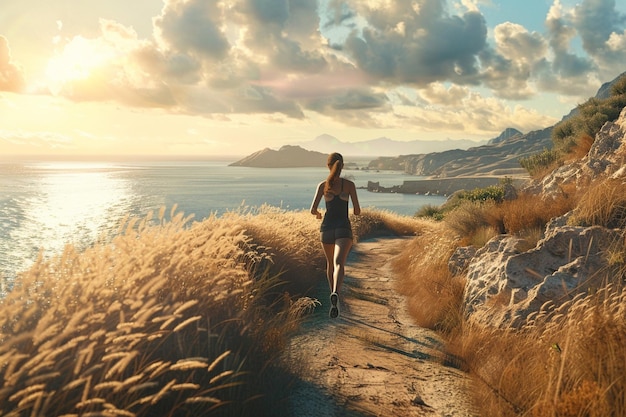 Photo woman jogging along a coastal path