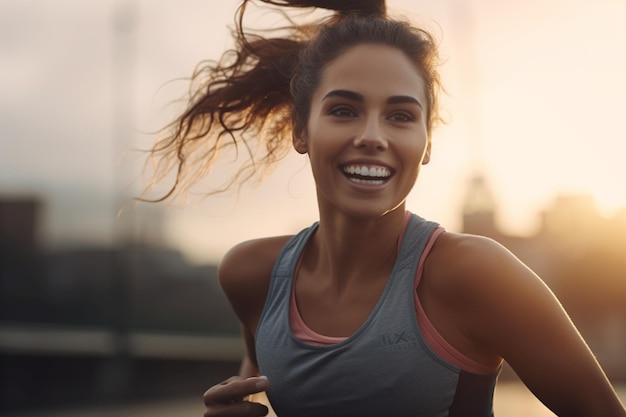 woman jogging close up beautiful smiling twilight hour