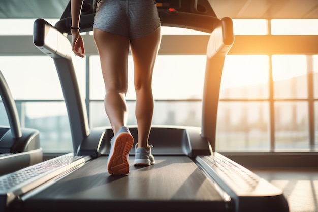Woman jogging on the exercise machines in the gym Generative Ai