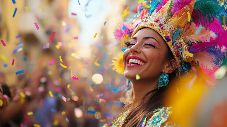 Photo woman joining a lively carnival parade surrounded by other vibrant costumes music and confetti in the air