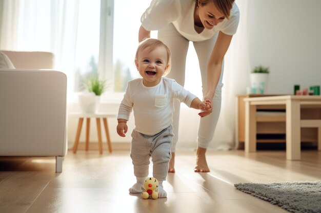 Photo a woman joyfully engages with a baby in the comfort of a living room happy little baby learning to walk with mother help at home ai generated