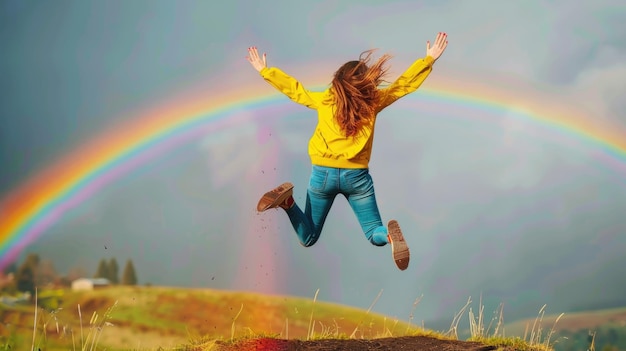 Foto una donna che salta in aria davanti a un arcobaleno vibrante perfetto per concetti allegri e ispiratori