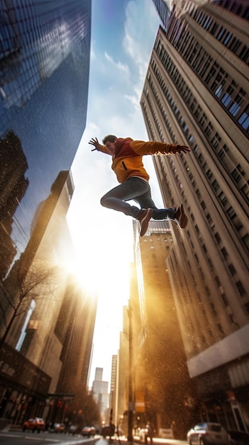 a woman jumping in the city with the sun shining through the windows.