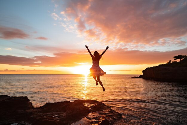 Woman Jumping for Joy at Sunrise