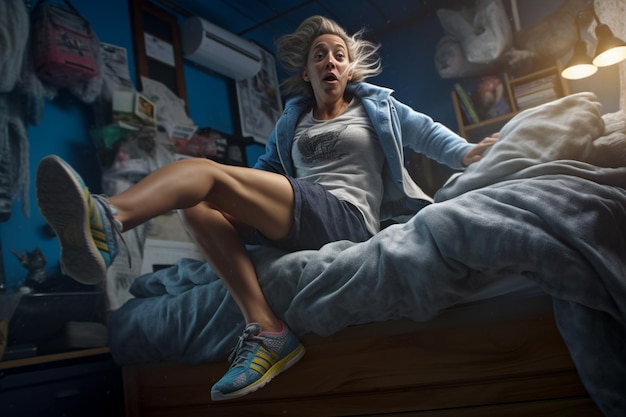 woman jumping out of bed