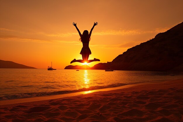 Woman Jumping on Sandy Beach at Sunset