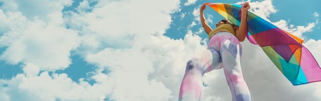 Woman jumping with a rainbow gay pride flag