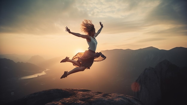 A woman jumps into the sky with the sun setting behind her.