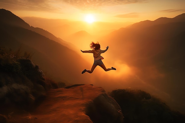 A woman jumps into the sunset on a cliff.