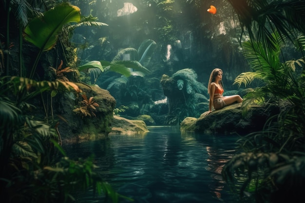 Woman in the jungle Created with generative AI technology