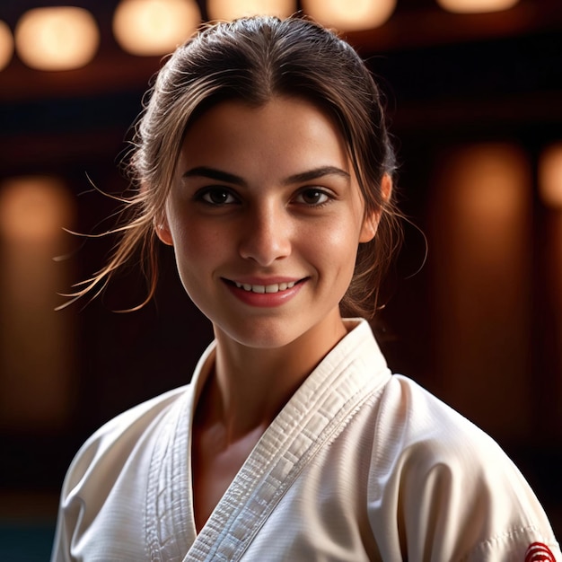 woman in karate outfit smiling